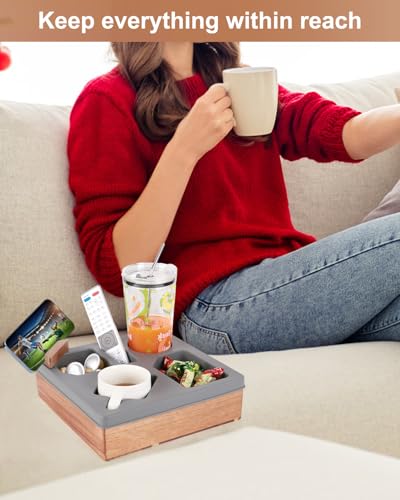 Couch Cup Holder Tray, Silicone Wooden Couch Caddy with Cup Holder for Snacks, Drinks, Remotes, Waterproof Cup Holder for Couch, Organizer, Couch Drink Holder, Sofa Cup Holder - color: C-gray