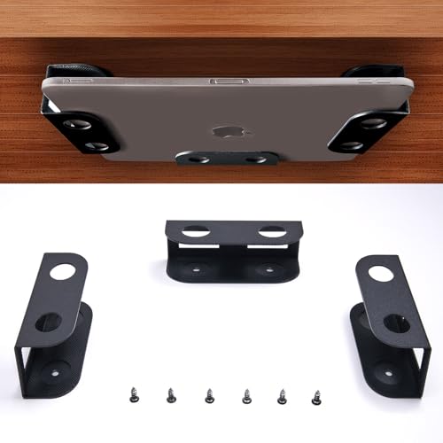 BYMECOST Under Desk Laptop Storage Mount, Metal Under Desk Device Holder, for Devices Up to 1.37" Thick, MacBook, Mini, Keyboard, Router, with Anti-Scratch Silicone (Black) - color: Black, size: 1.37" without hook
