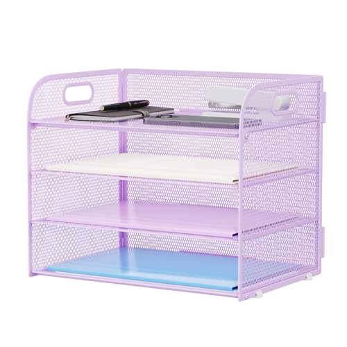 Marbrasse 4 Tier Paper Organizer Letter Tray - Mesh Desk File Organizer with Handle, Paper Sorter Organizer for Letter/A4 Office File Folder Holder (Purple, 12.6" x 9.1" x 10.7") - color: Purple