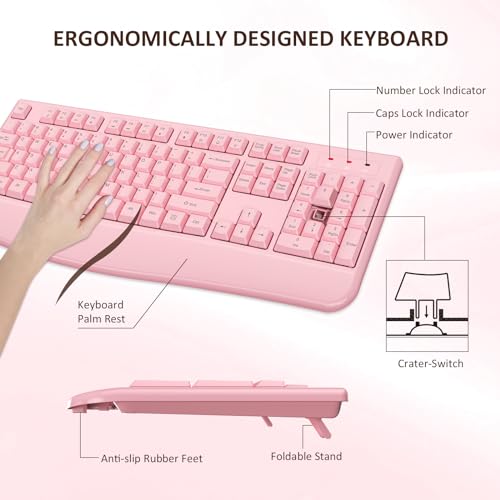 Wireless Keyboard and Mouse Combo, EDJO 2.4G Full-Sized Ergonomic Computer Keyboard with Wrist Rest and 3 Level DPI Adjustable Wireless Mouse for Windows, Mac OS Desktop/Laptop/PC (Pink) - color: Full Pink