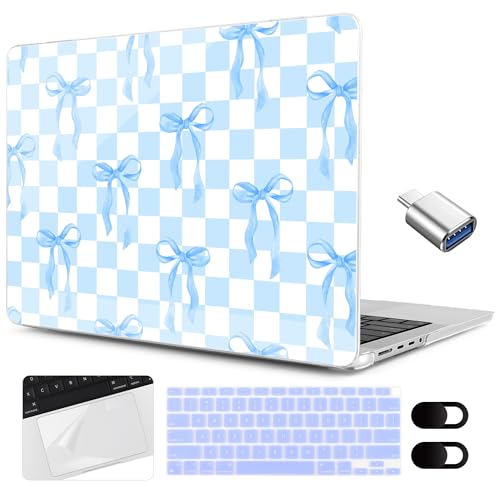 MEEgoodo for MacBook Air 13.3 inch Case 2021 2020 2019 2018 A2337 M1 A2179 A1932, Laptop Shell for MacBook Air M1 with Keyboard Webcam Cover & Trackpad Film & Type C Adapter, Blue&White Checkers&Bows - color: Blue&White Checkers&Bows