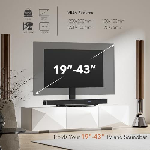 Universal Swivel TV/Table Top TV Stand for 19 to 43 inch TVs with 90 Degree Swivel, 4 Level Height Adjustable, Heavy Duty Tempered Glass Base, Holds up to 99LBS HT02B-001 - size: 13 x 9 x 19.5 inches (For 19"-43" TVs)