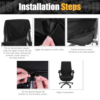 Office Chair Cover with Armrest Covers Black Water Repellent Jacquard Computer Chair Covers with Arms Removable Washable Office Armrest Cover with Zipper (Black)