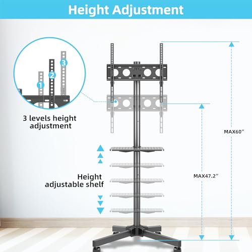 Mobile TV Carts on Wheels for 21-60 Inch Flat/Curved Panel Screens TVs - Height Adjustable Floor Trolley Stand with Shelf Holds up to 77lbs - Max VESA 400x400mm - color: Black High Quality