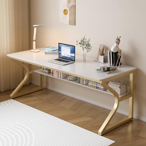 OSCHF Extra Long Desk with Bookshelf - 63" Double Long Writing Table for 2-Person Workstation, Modern Study Work Computer Desk for Home and Office, Gold - color: Gold + White, size: 63x23.6 inch