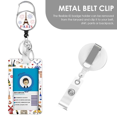 France Lanyards ID Badge, Eiffel Tower ID Badge Holder with Retractable Reel Clip and Keychain, Heavy Duty Vertical Identity Badge Cover Case Protector for Teacher Nurse - color: France-white