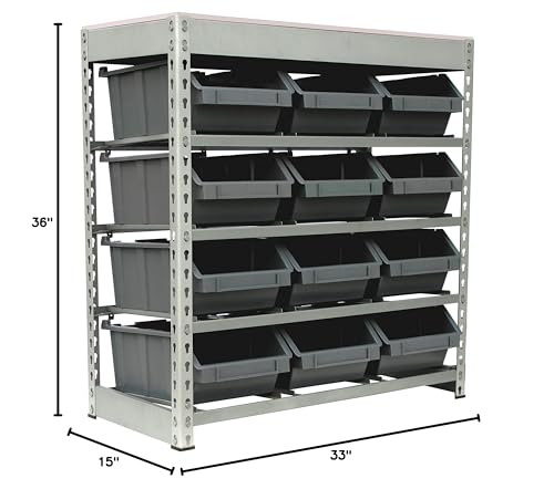 King's Rack Bin Rack Boltless Steel Storage System Organizer w/ 12 Plastic Bins in 4 tiers - size: 4 Tiers - 12 Bins