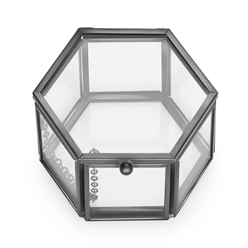 Hipiwe Vintage Glass Jewelry Box - Black Hexagonal Jewelry Display Organizer Keepsake Box Home Decorative Box Case for Trinket Ring Earring Chest, Small - color: Black, size: Small