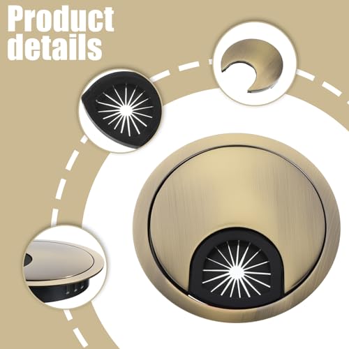 2 PCS Heavy Duty Zinc Alloy Desk Grommet, 60mm (2.36 Inch) Metal Cable Hole Cover for Wire Cord Management, Elegant Gold Wire Tidy Organizer for Home Office Computer Desks