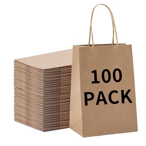 BAG BOX 100 Pcs Small 5.9x3.1x8.25 Inch Brown Kraft Paper Gift Bags with Handles for Bulk Wedding, Party Favors, Grocery, Shopping, Retail Merchandise, Gift Sacks - color: Brown, size: 5.9 * 3.1 * 8.25 inch（Pack of 100）