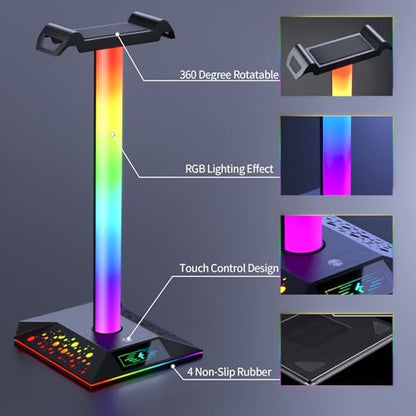 Gaming Headphone Stand PC Accessories - RGB Headset Stand with 2 USB Charger, Cool LED Headphone Holder PC Gaming Accessories for Boys Men Gamers, Computer Game Hardware for Desk - size: 1-tier