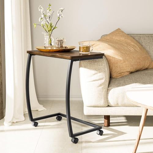SRIWATANA Side Table, C-Shaped End Table with Rolling Wheels,Rustic Sofa Couch Table for Laptop Coffee Snack, Dark Walnut - color: Dark Walnut W/ Caster