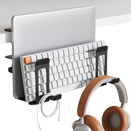 PEGZONE Laptop Stand Vertical, 2-Slot Under Desk Laptop Holder, Black | Desk Side Storage with Headphone Holder, Laptop Organizer for Office Gaming - color: Black