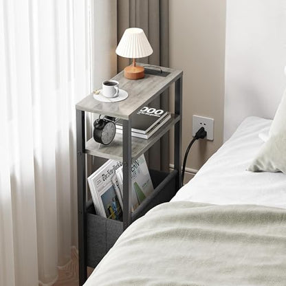 Narrow Side Table with Charging Station Slim End Table Sofa with Magazine Rack, Bedside Table for Small Spaces, 3 Tier Nightstand for Living Room Couch, Bedroom Oak Grey LET503QE - color: Oak Grey, style: With Charging Station