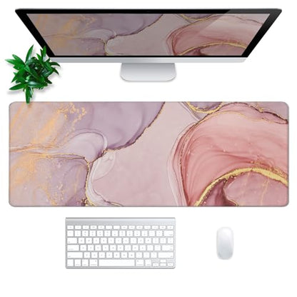 Rose Gold Marble Mouse Pad Abstract Marble Mouse Pad 31.5x11.8 Inch Texture Non-Slip Rubber Base Large Mousepad Stitched Edges Keyboard Mouse Mat Desk Pad for Office and Home - color: Rose Gold Marble