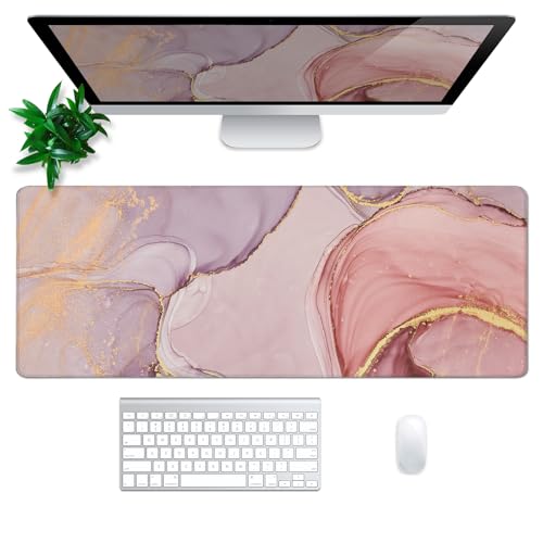 Rose Gold Marble Mouse Pad Abstract Marble Mouse Pad 31.5x11.8 Inch Texture Non-Slip Rubber Base Large Mousepad Stitched Edges Keyboard Mouse Mat Desk Pad for Office and Home - color: Rose Gold Marble