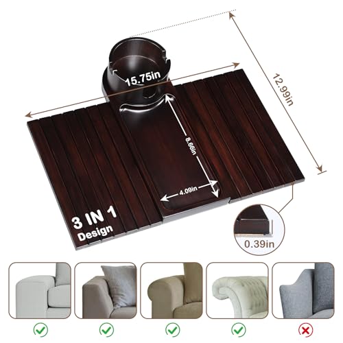 Couch Cup Holder for Armrests Over 4.9" Wide, Bamboo Couch Arm Tray with 360° Rotating Phone Stand, 3 in 1 Foldable Sofa Arm Tray Table for Remote, Snacks, Phone, Drinks Walnut - color: Walnut+bamboo