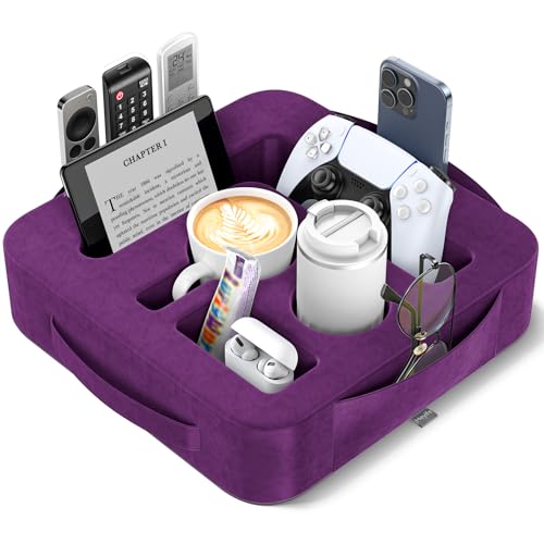 Couch Cup Holder Pillow, Sofa and Bed Caddy for iPad, Kindle, Switch, Game Controller, Remotes, Phones, Small-Sized Cup and Drink Holder for Couch, Bed, Desk, Car, Beach, Bathroom Cup Holder, Purple - color: Purple, size: M-13"×13"×3.2"