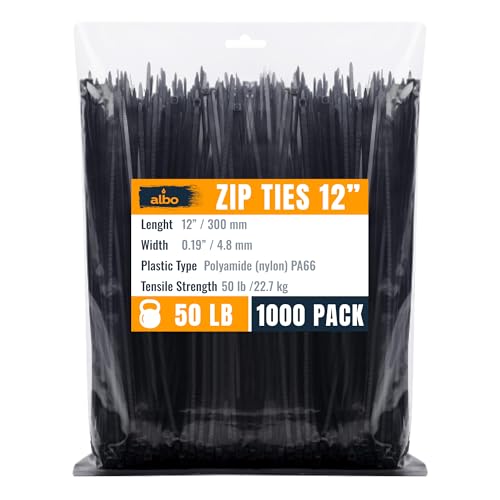 ALBO Zip Ties Black 12 Inch 1000 Pack 50 lb, Long Plastic Cable Ties Thick 0.19 Inch Tie Wraps Heavy Duty UV Resistant Nylon Wire Ties for Indoor and Outdoor - size: 12" Black 1000 Pack 50lb