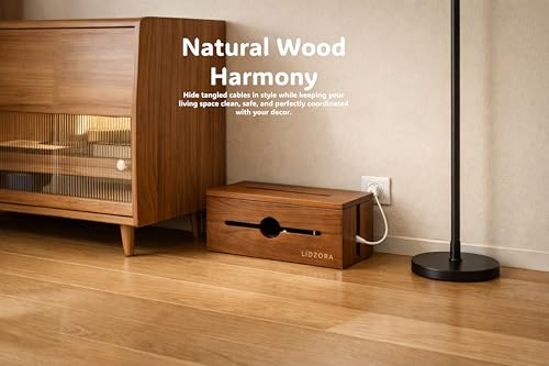 Wooden Cable Management Box for Power Strips, Desk Cord Organizer for Home Office & TV Stand, Hidden Cable Storage with Phone Stand