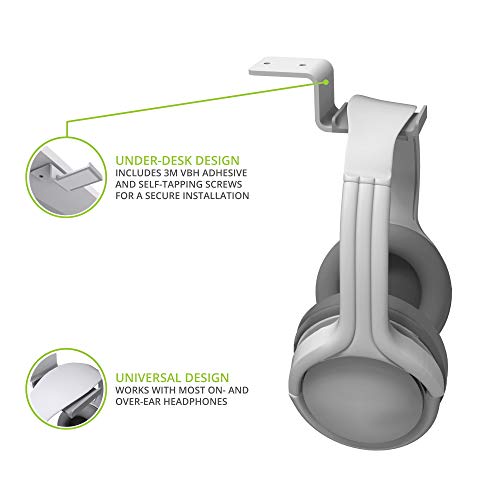Kanto HH Universal Under Desk Headphone Hook - White - Solid Steel Construction - Mount using 3M adhesive or 2 included screws - color: White