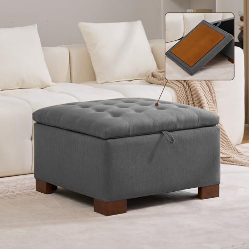 WUTUTUEE 30" Fabric Square Storage Ottoman with Wooden Tray, Modern Tufted Button Footstool Coffee Table, Upholstered Large Ottoman for Living Room, Bedroom, Dark Gray - color: Dark Gray, size: 30 Inch