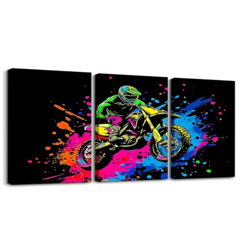 Feelyou Kids Boys Dirt Bike Bedroom Framed Wall Art Colorful Teens Sports Motorcycle Painting Framed Canvas Kitchen Wall Art Motocross Rider Office Bathroom Wall Art House Decor,3 Piece 12x16 Inch - color: Colorful