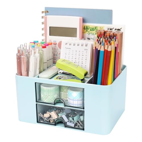 Meiikun Plastic Pen Organizer, Multifunctional Desk Organizer with 2 Drawers, 4 Compartments & a Top Tray, Pencil Holder Desktop Organizers and Accessories for Office, 7.7" x 5.5" x 3.9" (Blue) - color: 5 Compartments + 2 Drawer (Blue)