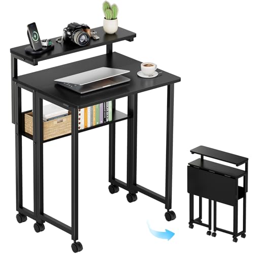 GreenForest Folding Desk with Adjustable Monitor Stand, 24.8 in Small Desk | Storage Shelf, Lockable Wheels, Portable, Space Saving, Mobile Rolling Table for Small Spaces, Home Office, Writing, Black - color: Black