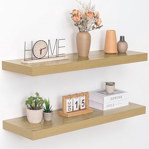 Acovy 36 Inch Floating Shelves, 12" Deep Floating Shelf Wall Mounted, 36" Wall Shelves, Rustic Deep Bookshelf, Extra Deeper & Thicker Display Shelves for Bedroom, Living Room, Oak, Set of 2 - color: Oak, size: 12"Wx36"L-2pcs
