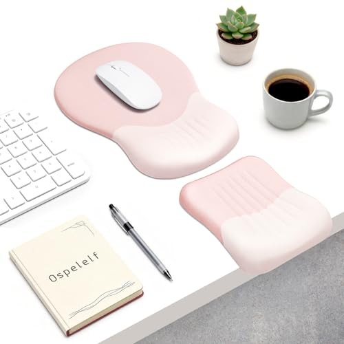 Ospelelf Mouse Pad with Wrist Rest Set Foam L-Shaped Desk Elbow Pad Ergonomic Desk Edge Cushion Anti-Slip Rubber Bottom Office Women Desk Accessories for Computer, Laptop and Gaming, Pink - color: Pink
