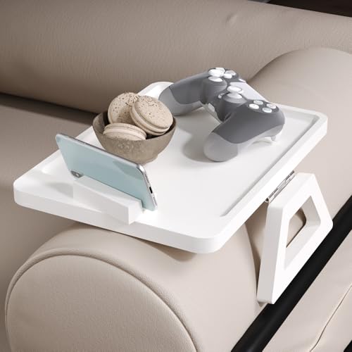 Couch Arm Tray with 360°Phone,Bamboo Folding Sofa Tray,Sofa Armrest Trays Clip-On Couch Desk for Drinks,Snacks,Phone,Remote Control（White） - color: White, style: 13.0" x 9.4"Phone Holder