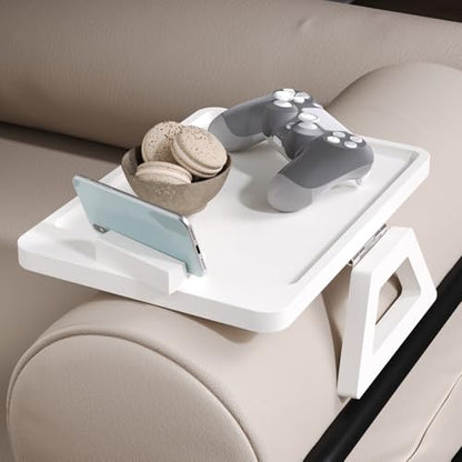 Couch Arm Tray with 360°Phone,Bamboo Folding Sofa Tray,Sofa Armrest Trays Clip-On Couch Desk for Drinks,Snacks,Phone,Remote Control（White） - color: White, style: 13.0" x 9.4"Phone Holder
