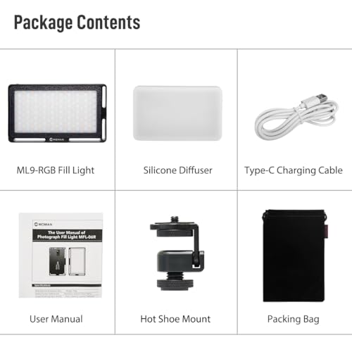 Moman Portable LED Video Light, Aluminum Alloy Body On-Camera Light, Diffuser & Built-in Battery, 2500K-8500K RGB Dimmable, CRI 96+ Photography Fill Light with 1/4" Screw for DSLR, Vlog, YouTube - size: ML9R with diffuser