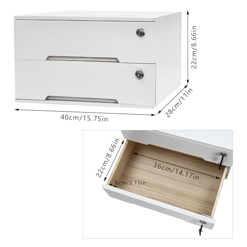 Wooden Desk Organizer with Drawers & Lock, Desktop Countertop Storage Cabinet Lockable Home Office Supplies File Tabletop Organizing Unit (2 Drawer - Modern White) - style: 2 Drawer - Modern White