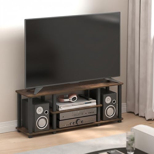Furinno Turn-S-Tube TV Stand, 3-Tier Toolless Assembly Entertainment Center, Rectangular TV Console for TV up to 50 Inch, for Living Room, Bedroom, Amber Pine - color: Amber Pine/Black, size: 3-Tier for 50"TV, Square Tube