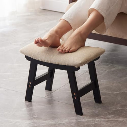 Kitsanery Foot Stool,Ottoman,Bamboo Small Sofa Foot Rest Under Desk,Extra Seating for Living Room, Bedroom and Kitchen (Black Stool Legs - Beige Surface) - color: Black Stool Legs - Beige Surface