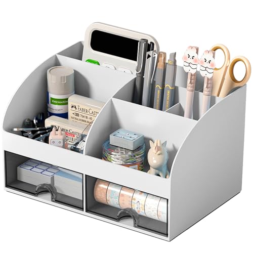 COMFYROOM Desk Organizer with 6 Compartments and 2 Drawers, Plastic Makeup Organizer, Pen Holder for Desktop Storage, Desk Organization for School, Home, Office Supplies (Grey) - color: Grey