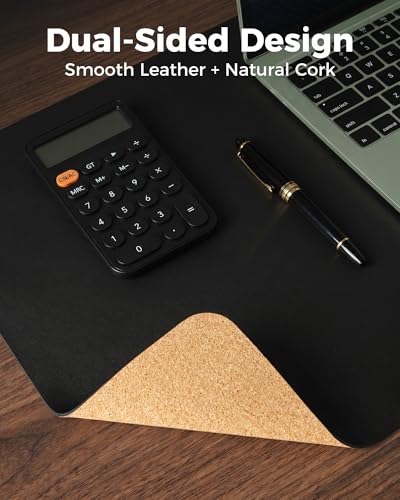 Aothia Dual-Sided Desk Pad - 35.4 x 15.7 inches Leather Desk Mat, Natural Cork Desk Pad Protector, Large Mouse Pad for Desk, Waterproof Desk Blotter Pad, Desk Writing Pad for Office Work/Home, Black - color: Deep Black+cork, size: 35.4" x 15.7"