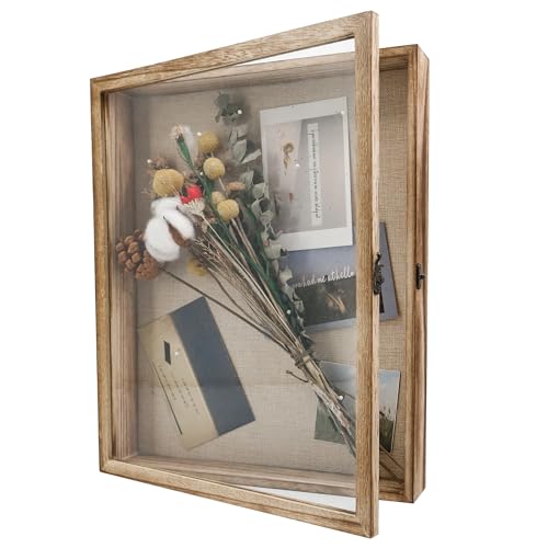 GraduationMall 13x16 Shadow Box Frame Solid Wood Glass Door Display Case with Linen Back and 6 Stick Pins,1.5 inches Interior Depth,Ideal for Memorabilia Pictures Flowers Medals Tickets - color: Carbonized Black, size: 13x16
