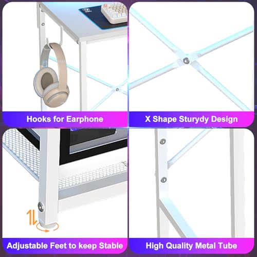 X-cosrack 33.5" Small Computer Desk with Monitor Stand & Outlets, Small Gaming Desk with LED Light & CPU Stand, Teen Study Writing Table with Storage Drawer, Side Hooks for Bedroom, Home Office White - size: 33.5" White with Normal Monitor Stand