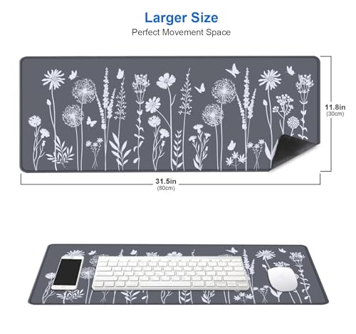 IMAYONDIA Cute Sage Gray Desk Mats Mousepad, Plant Floral Anime Mousepad Deskmat, Aesthetic Desk Pad, Minimalist Grey White Leaves Large Gaming Mouse Pad, Decor Accessories, 31.5 X 11.8 - color: Sage Gray Plant