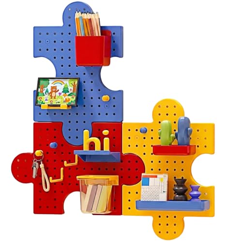 Pegboard Wall Organizer, Puzzle Modular Plastic Storage System with Hooks Shelves Boxes, Colorful Red Yellow Blue, 33.1 x 9.4 Inches, Wall Decor for Entryway Home Office Kids Room Craft Area