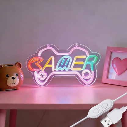 Gamer Neon Sign for girl room decor, 15 * 9 inch Pink Gaming led lights with USB Power and Dimmer Switch for game room decor,adult and Kids - style: pink-gamer