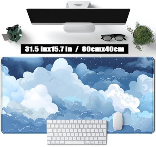 Aesthetic Blue and White Puffy Clouds Desk Mat, XXL Large Kawaii Blue Extended Gaming Mouse Pad with Stitched Edges, Cute Big Laptop Keyboard and Mouse Mat for Women Office Decor Mat 31.5x15.7 in - color: Blue and White Puffy Clouds