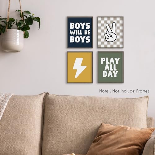 HRQKO Boho Boys Room Wall Art Poster Set, Positive Boys Playing Prints, Black Checkered Hand Prints, Unframed (blue) - 4 Pieces (12'x16') - color: blue4, size: 8x10
