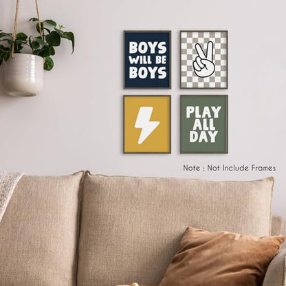HRQKO Boho Boys Room Wall Art Poster Set, Positive Boys Playing Prints, Black Checkered Hand Prints, Unframed (blue) - 4 Pieces (12'x16') - color: blue4, size: 8x10