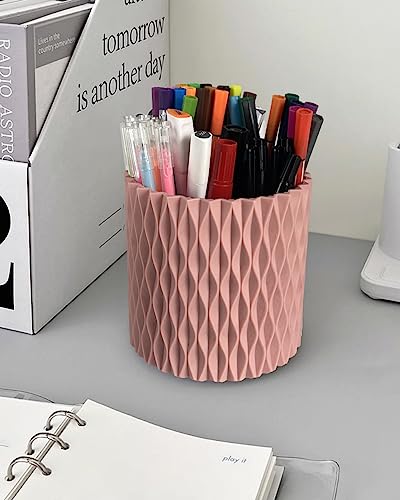 Lebenrich Rotating Pencil Holder for Desk, 5 Slots Unique Pink Organizer Easthetic Desktop Supplies and Accessories for Women Girls, Pen Cup Caddy for Office Home Art Supply - color: Pink