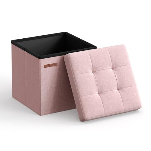 SONGMICS Storage Ottoman, Foldable Small Ottoman Foot Rest, 11.8 Inches Foot Stool, Cube Ottoman with Storage, Load up to 286 lb, for Living Room, Bedroom, Dorm, Jelly Pink ULSF028R01 - color: Jelly Pink, size: 11.8"D x 11.8"W x 11.8"H