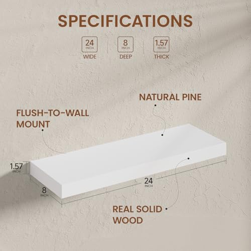 Heimlove Wooden Floating Shelves for Wall, White Pine Shelves Set of 2, 24 in Rustic Wood 8 Inch Deep Floating Shelf with Invisible Brackets for Bedroom Kitchen Living Room - Classic White - color: Classic White, size: 24”Wx8”Dx1.6”H